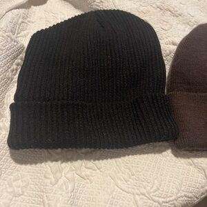 2 Beanies 1 Brown 1 Black line with black fleece Ribbed Knit Beanies